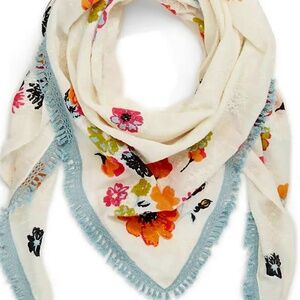 J JILL Embroidered Triangle Scarf with fringed crochet fringe